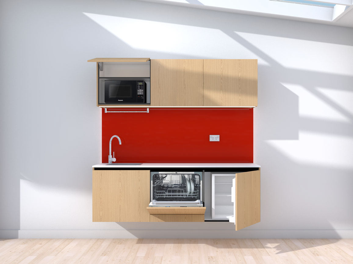 Neon - 1.8m Floating Prefabricated Kitchenette - oak and red - with appliances