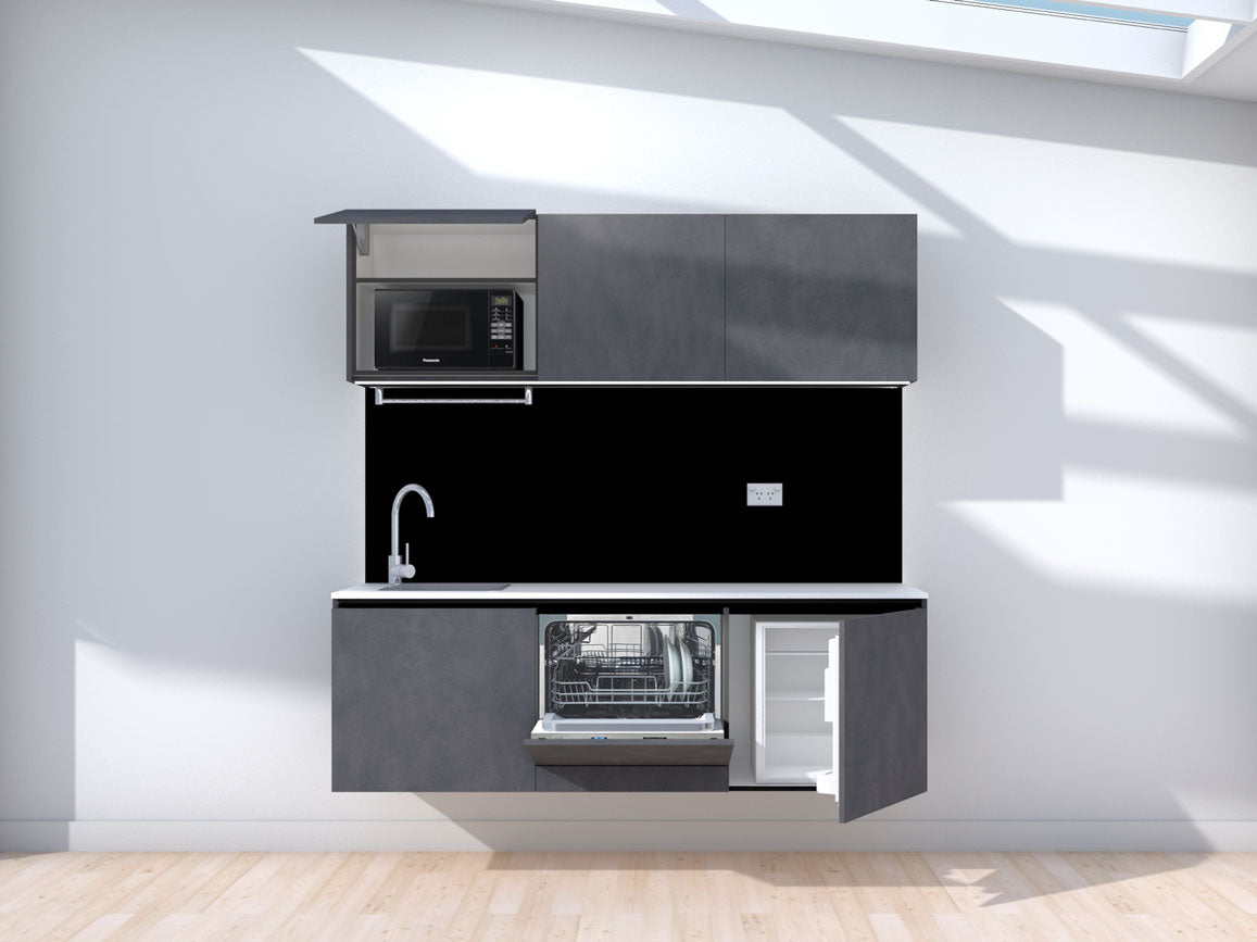 Neon - 1.8m Floating Prefabricated Kitchenette - slate and black - with appliances