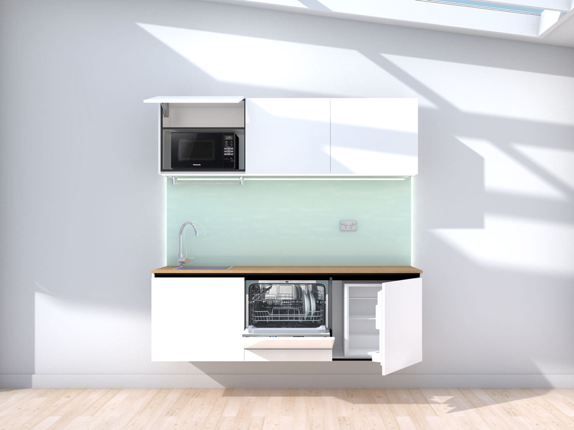 Neon - 1.8m Floating Prefabricated Kitchenette - white and mint - with appliances