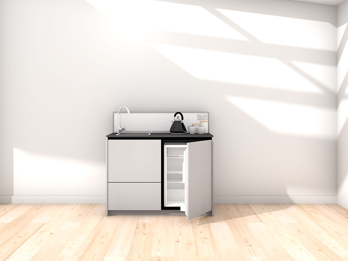 Quinn - 1.2m Compact Counter Unit Kitchenette. Displayed with 'Lite Aluminium' Cabinetry, 'Black' Benchtop, and 'Sheer Bliss White' Splashback