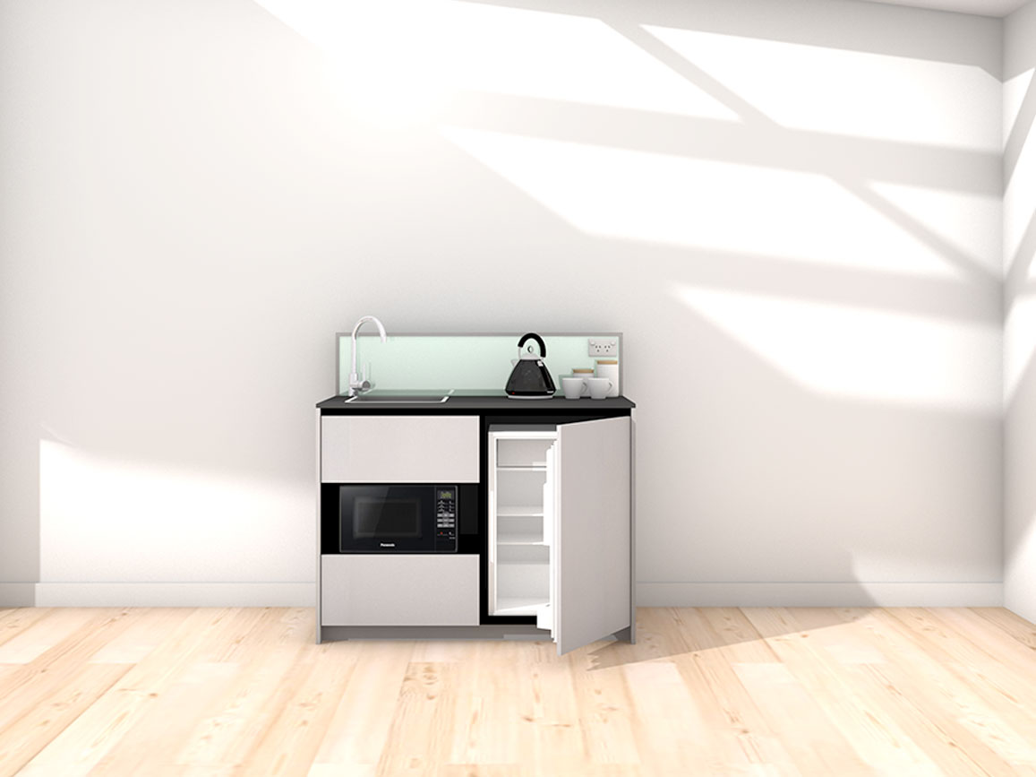 Eve - 1.2m Compact Counter Unit Kitchenette. Displayed with 'Lite Aluminium' Cabinetry, 'Black' Benchtop, and 'Mint' Splashback