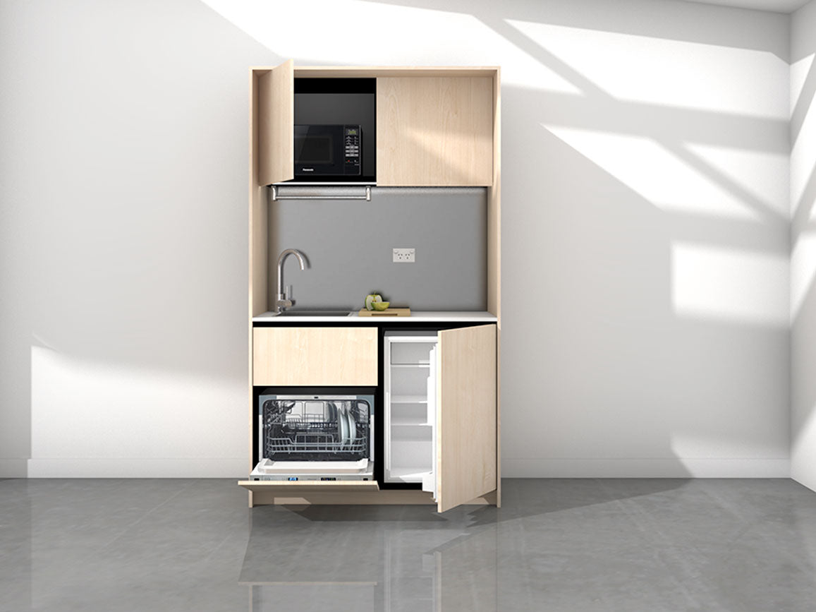 Sadie - 1.2m Compact Wall Unit Kitchenette. Displayed with 'Bleached Maple' Cabinetry, 'Syle White' Benchtop, and 'Platinum' Splashback