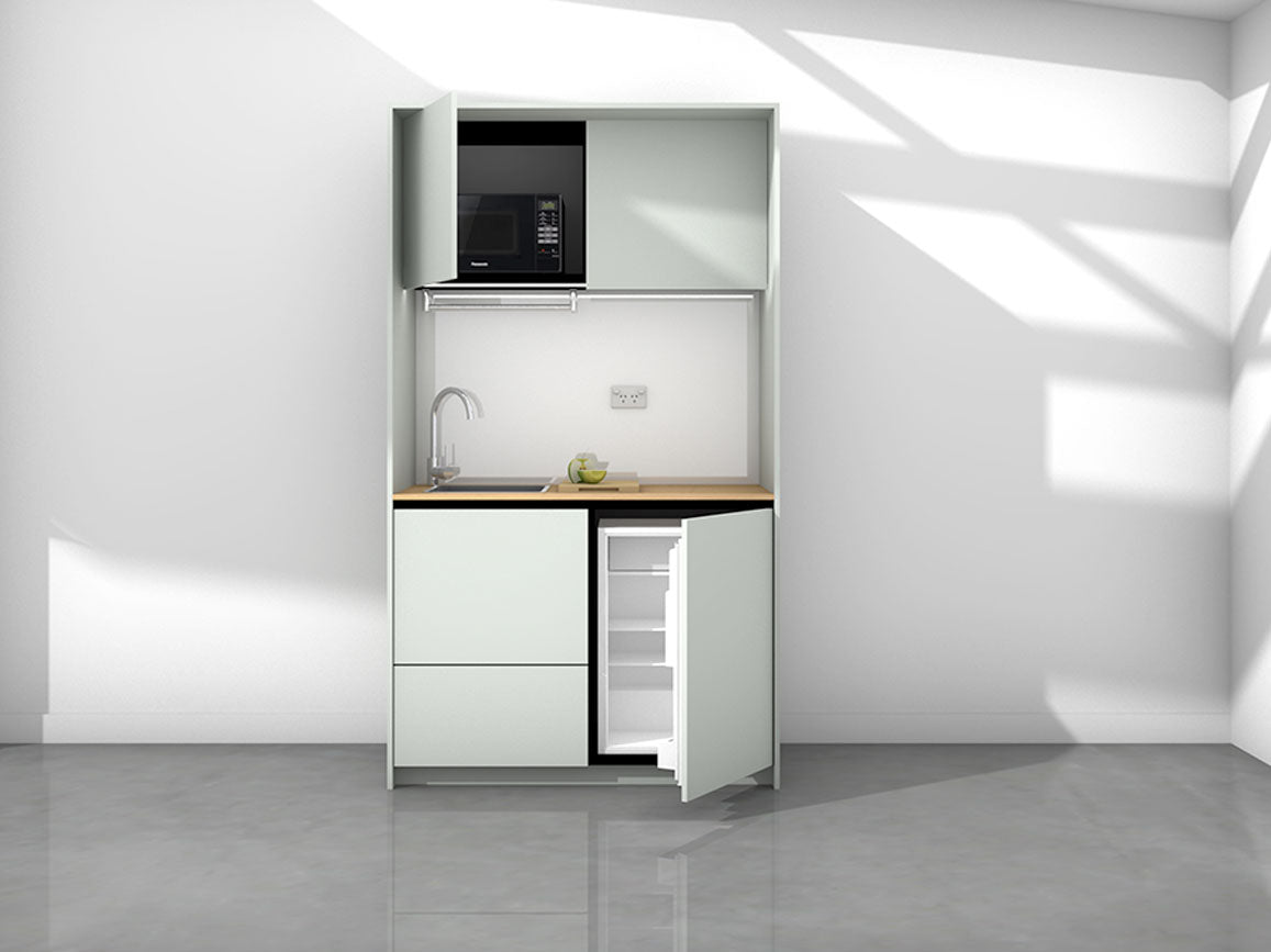 Marla - 1.2m Compact Wall Unit Kitchenette. Displayed with 'Pistachio' Cabinetry, 'Oak' Benchtop, and 'Sheer Bliss White' Splashback