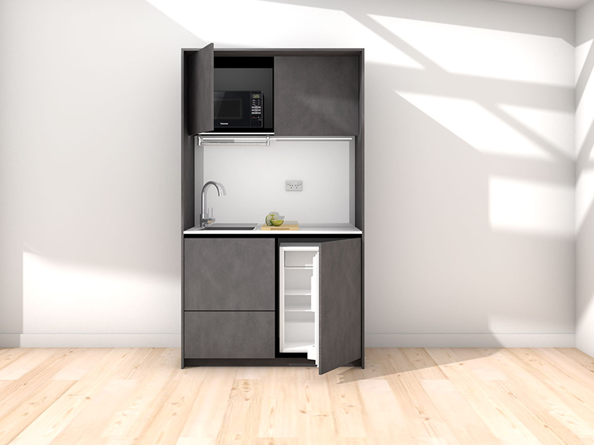 Marla - 1.2m Compact Wall Unit Kitchenette. Displayed with 'Slate' Cabinetry, 'Style White' Benchtop, and 'Sheer Bliss White' Splashback