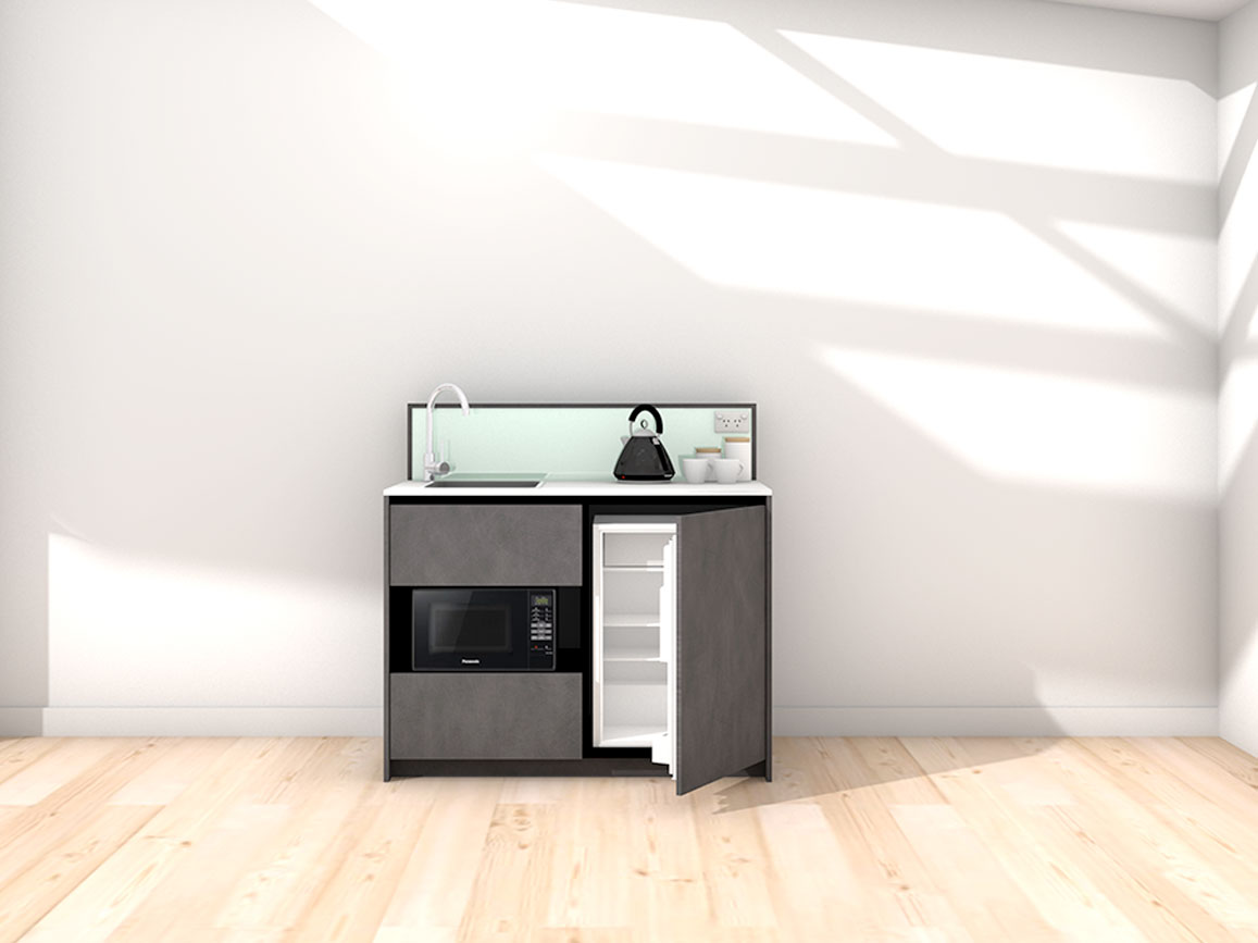 Eve - 1.2m Compact Counter Unit Kitchenette. Displayed with 'Slate' Cabinetry, 'Style White' Benchtop, and 'Mint' Splashback