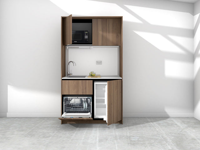 Sadie - 1.2m Compact Wall Unit Kitchenette. Displayed with 'Hickory Walnut' Cabinetry, 'Style White' Benchtop, and 'Sheer Bliss White' Splashback
