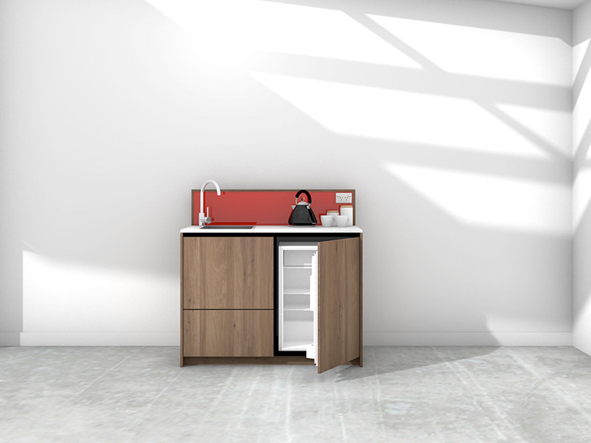 Quinn - 1.2m Compact Counter Unit Kitchenette. Displayed with 'Walnut' Cabinetry, 'Style White' Benchtop, and 'Stiletto' Splashback