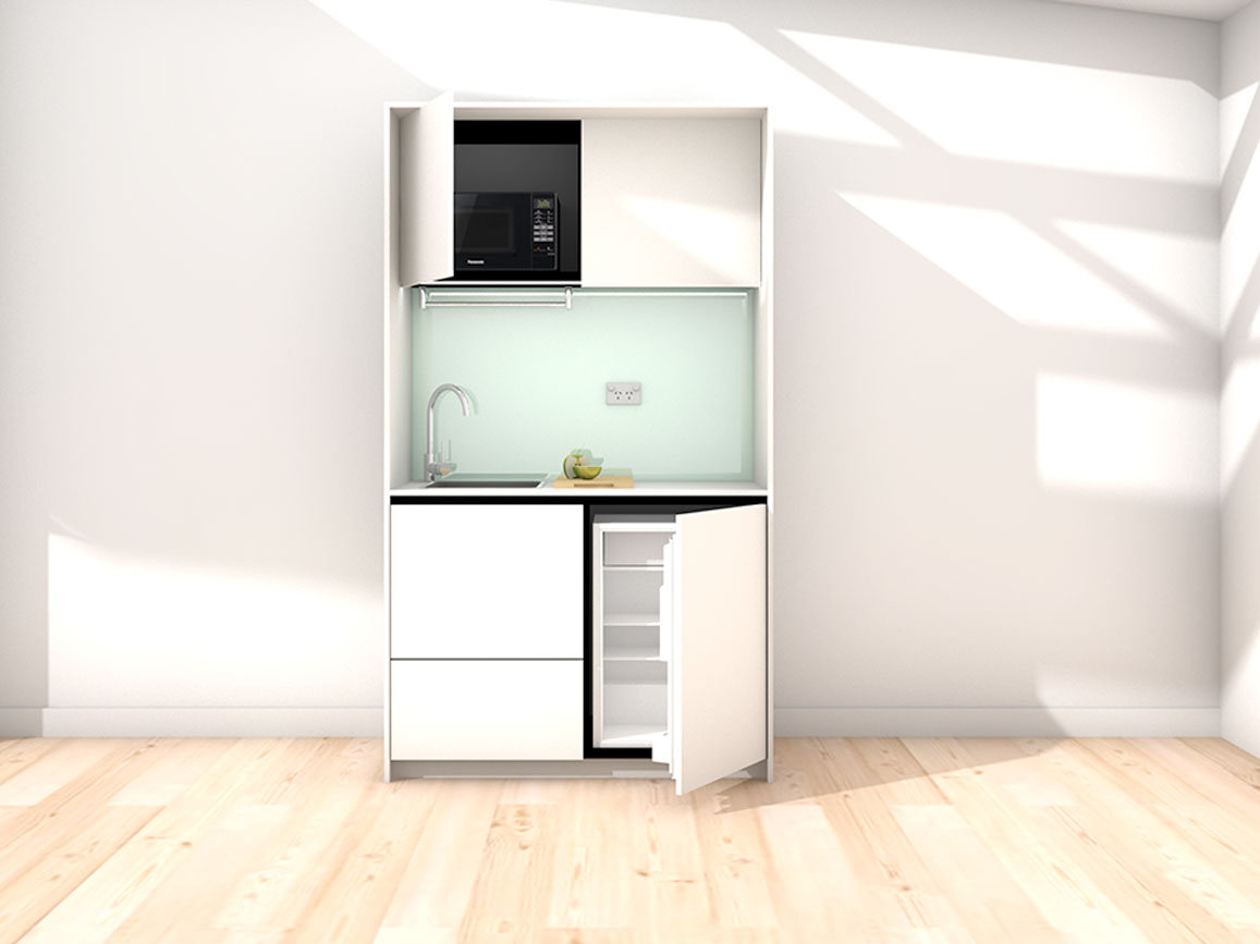 Marla - 1.2m Compact Wall Unit Kitchenette. Displayed with 'White' Cabinetry, 'Stye White' Benchtop, and 'Mint' Splashback