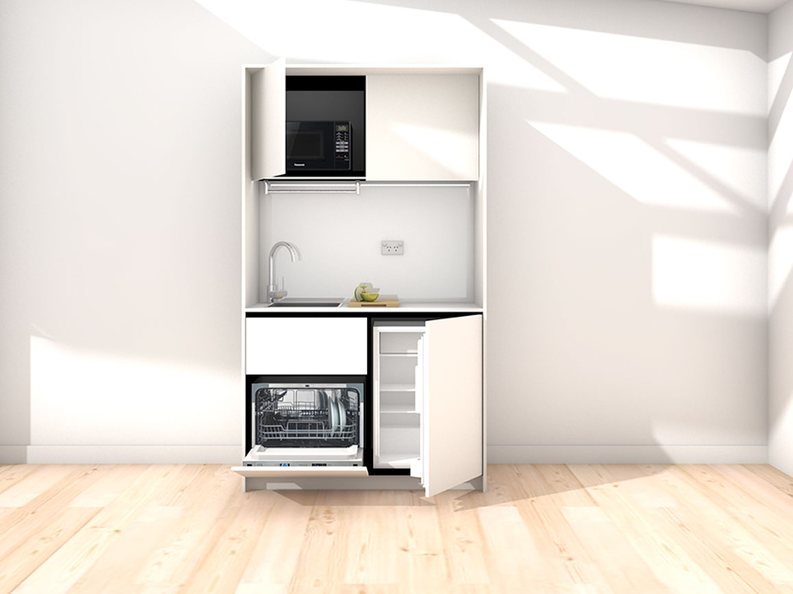 Sadie - 1.2m Compact Wall Unit Kitchenette. Displayed with 'White' Cabinetry, 'Style White' Benchtop, and 'Sheer Bliss White' Splashback