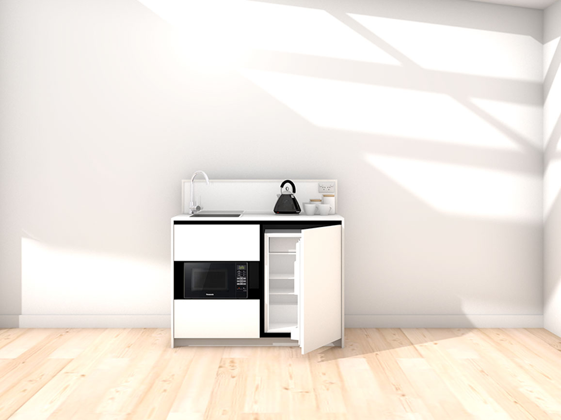 Eve - 1.2m Compact Counter Unit Kitchenette. Displayed with 'White' Cabinetry, 'Style White' Benchtop, and 'Platinum Splashback