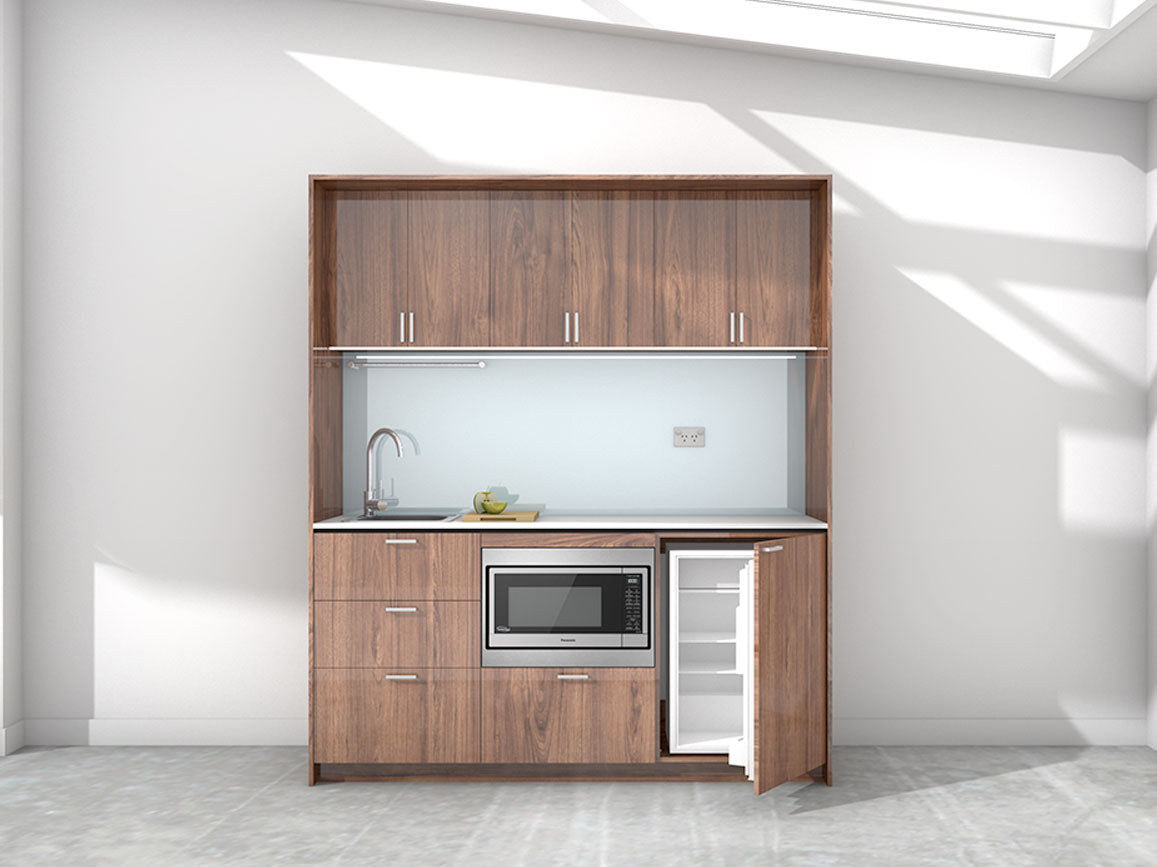 Oslo - 1.8m Regular Wall Unit Kitchenette. Displayed with 'Hickory Walnut' Cabinetry, 'Style White' Benchtop, and 'Platinum Metallic' Splashback