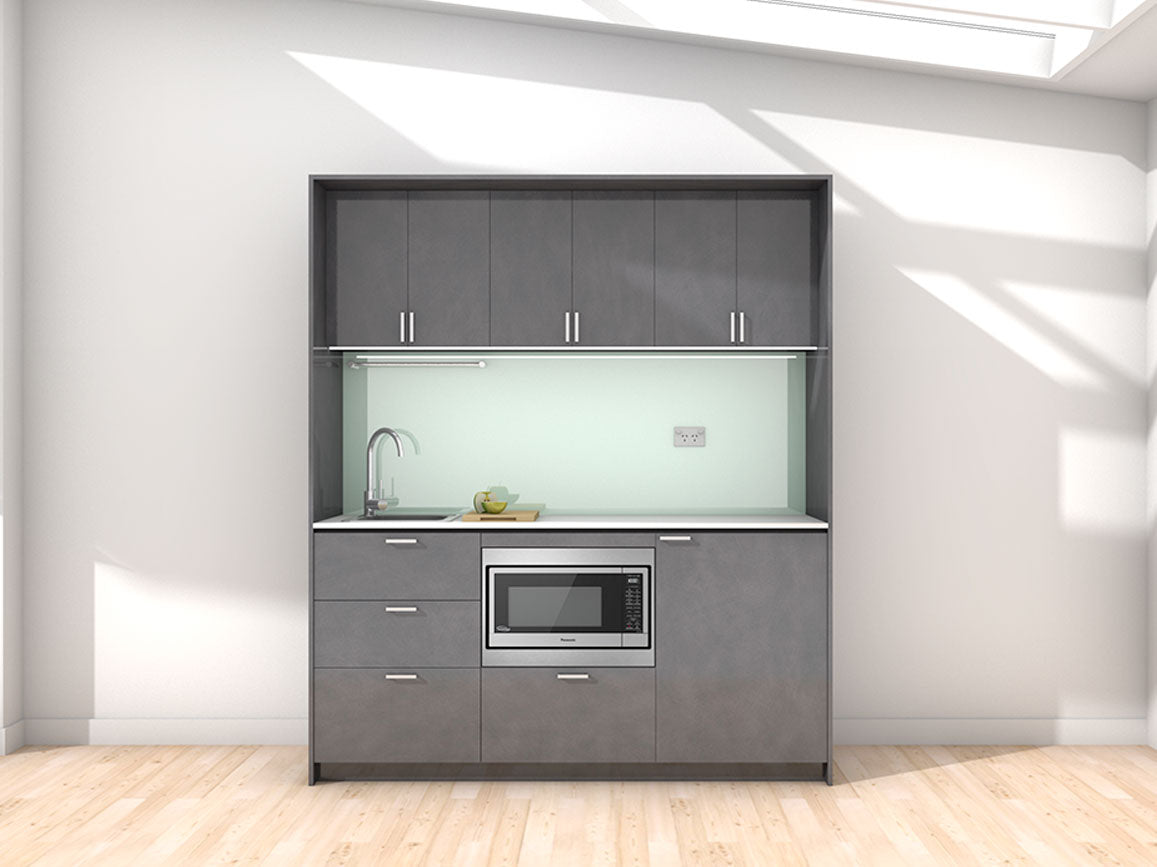 Oslo - 1.8m Regular Wall Unit Kitchenette. Displayed with 'Slate' Cabinetry, 'Style White' Benchtop, and 'Mint' Splashback