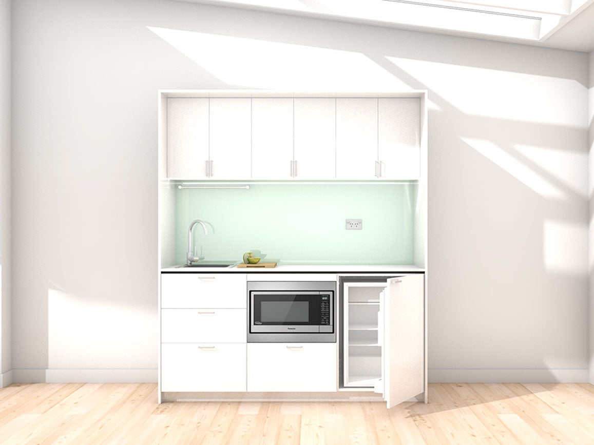 Oslo - 1.8m Regular Wall Unit Kitchenette. Displayed with 'White' Cabinetry, 'Style White' Benchtop, and 'Mint' Splashback