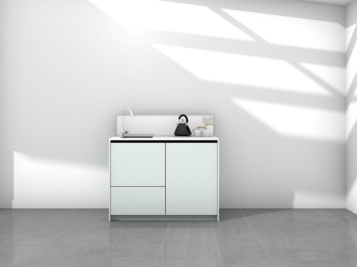 Quinn - 1.2m Compact Counter Unit Kitchenette. Displayed with 'Pistachio' Cabinetry, 'Style White' Benchtop, and 'Sheer Bliss White' Splashback