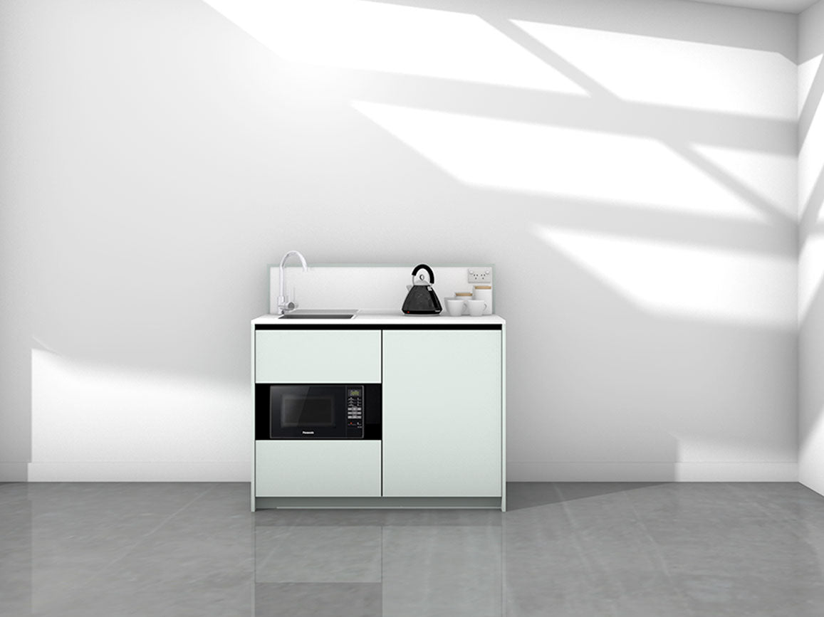 Eve - 1.2m Compact Counter Unit Kitchenette. Displayed with 'Pistachio' Cabinetry, 'Style White' Benchtop, and 'Sheer Bliss White' Splashback