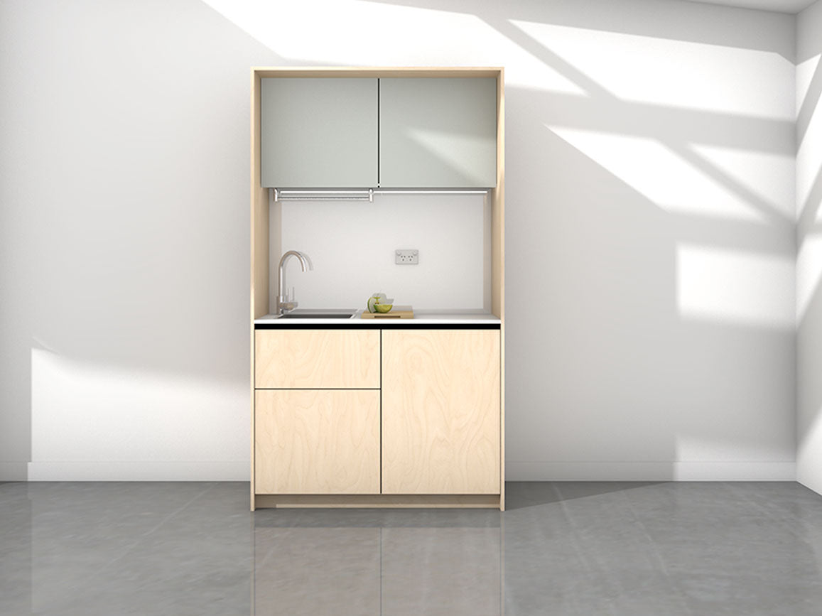 Sadie - 1.2m Compact Wall Unit Kitchenette. Displayed with 'Bleached Maple and Pistachio' Cabinetry, 'Style White' Benchtop, and 'Sheer Bliss White' Splashback