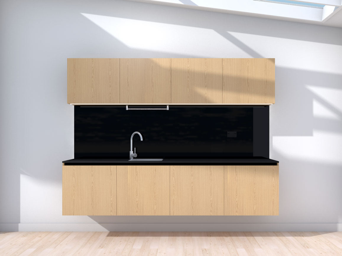 Raise - 2.4m Floating Prefabricated Kitchenette - oak and black - no appliances