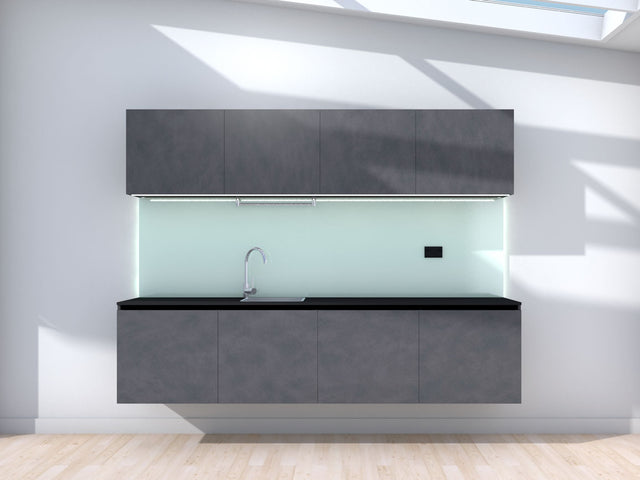 Raise - 2.4m Floating Prefabricated Kitchenette - slate and mint - no appliances