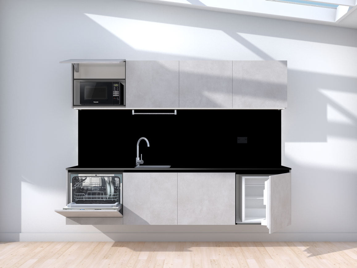 Raise - 2.4m Floating Prefabricated Kitchenette - grey and black - with appliances