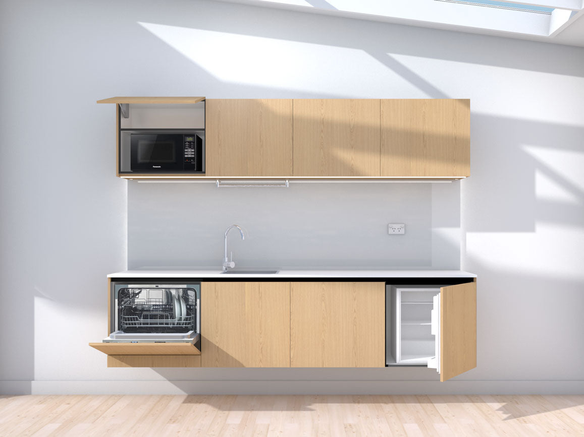 Raise - 2.4m Floating Prefabricated Kitchenette - oak and grey - with appliances