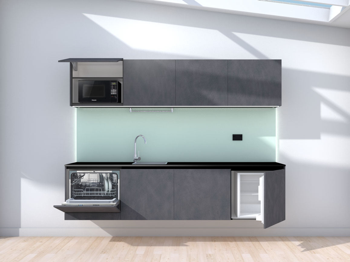 Raise - 2.4m Floating Prefabricated Kitchenette - slate and mint - with appliances