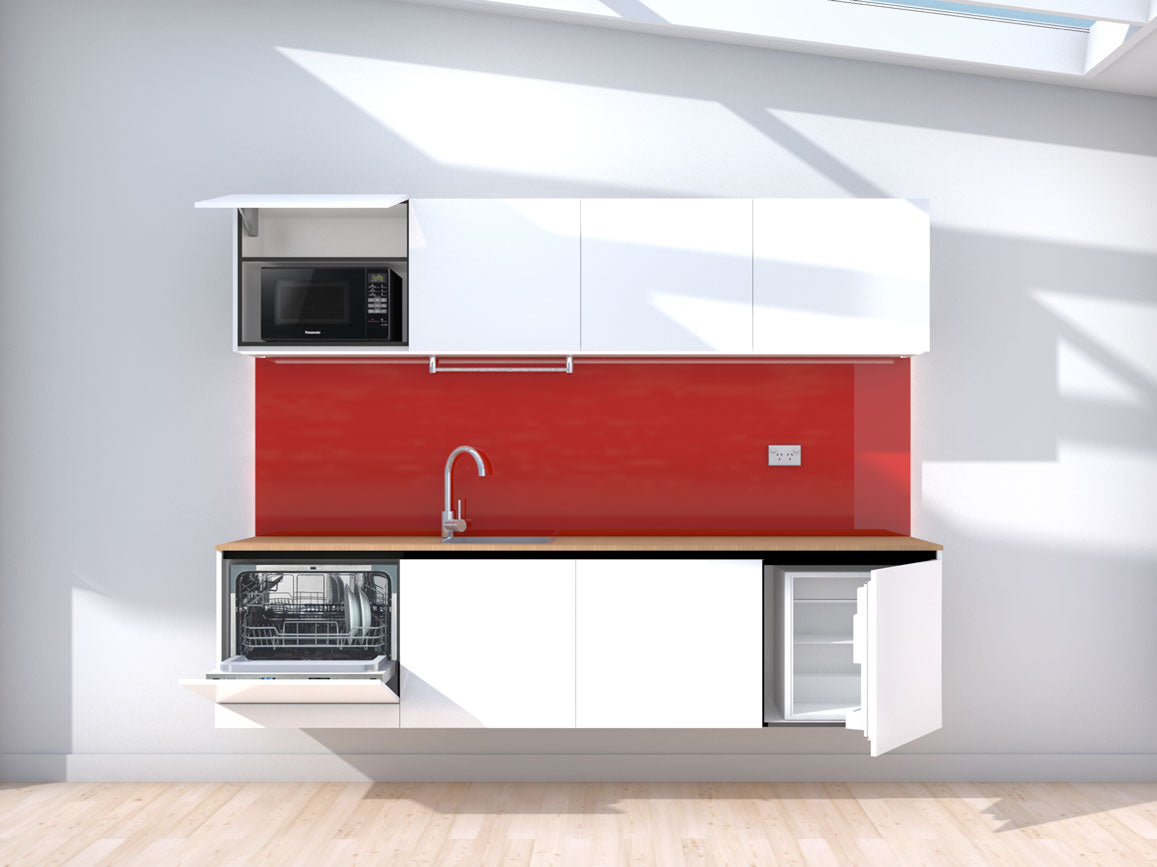 Raise - 2.4m Floating Prefabricated Kitchenette - white and red - with appliances