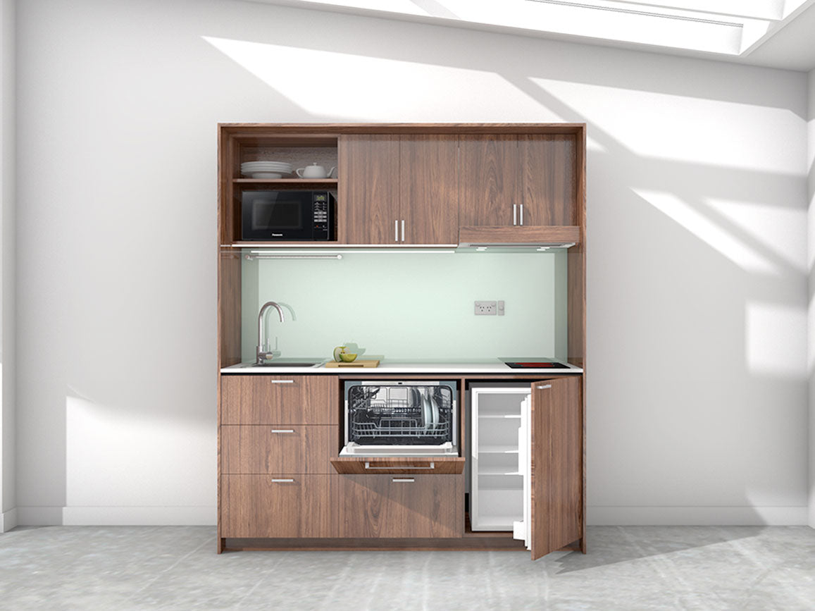 Stockholm - 1.8m Regular Wall Unit Kitchenette. Displayed with 'Hickory Walnut' Cabinetry, 'Style White' Benchtop, and 'Mint' Splashback