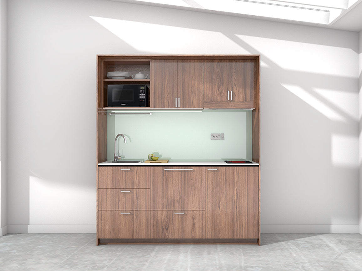 Stockholm - 1.8m Regular Wall Unit Kitchenette. Displayed with 'Hickory Walnut' Cabinetry, 'Style White' Benchtop, and 'Mint' Splashback