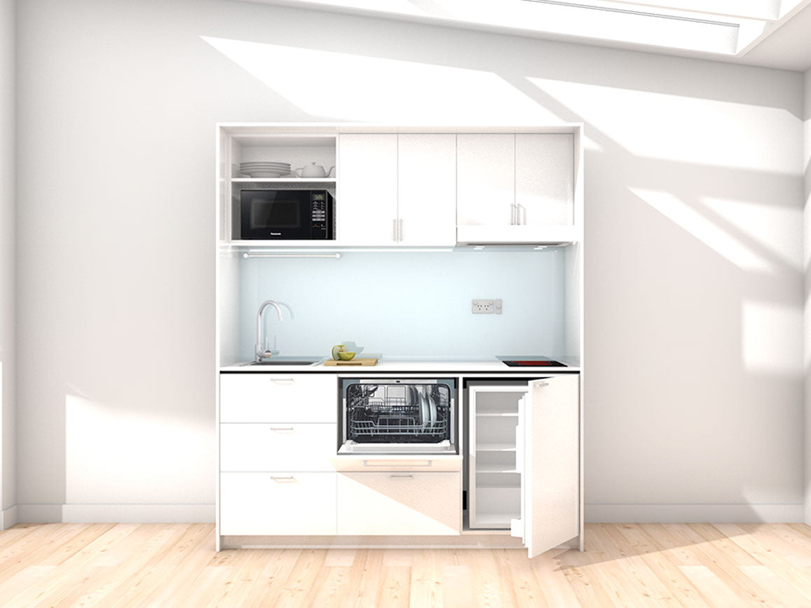 Stockholm - 1.8m Regular Wall Unit Kitchenette. Displayed with 'White' Cabinetry, 'Style White' Benchtop, and 'Sheer Bliss White' Splashback