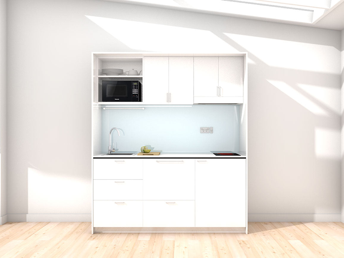 Stockholm - 1.8m Regular Wall Unit Kitchenette. Displayed with 'White' Cabinetry, 'Style White' Benchtop, and 'Sheer Bliss White' Splashback