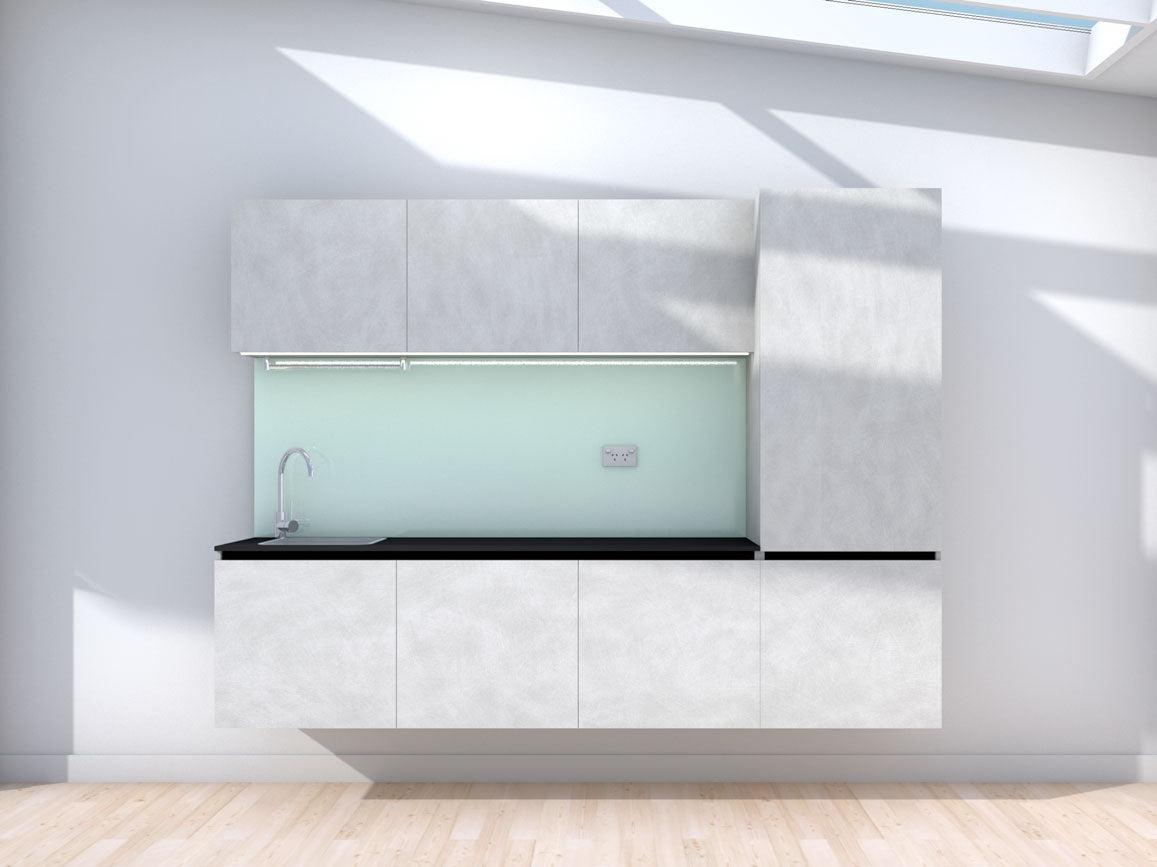 Symmetry - 2.4m Floating Prefabricated Kitchenette - grey and mint - no appliances