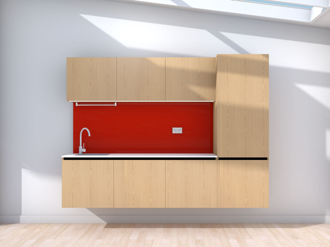 Symmetry - 2.4m Floating Prefabricated Kitchenette - oak and red - no appliances