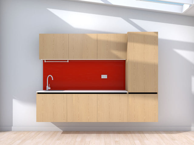 Symmetry - 2.4m Floating Prefabricated Kitchenette - oak and red - no appliances