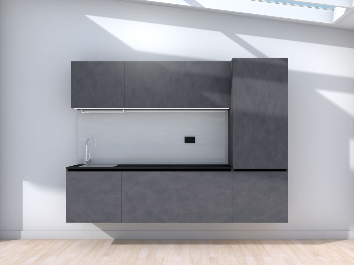Symmetry - 2.4m Floating Prefabricated Kitchenette - slate and grey - no appliances