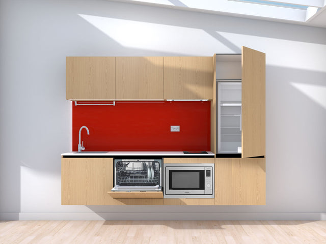 Symmetry - 2.4m Floating Prefabricated Kitchenette - oak and red - with appliances