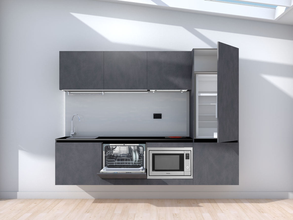 Symmetry - 2.4m Floating Prefabricated Kitchenette - slate and grey - with appliances
