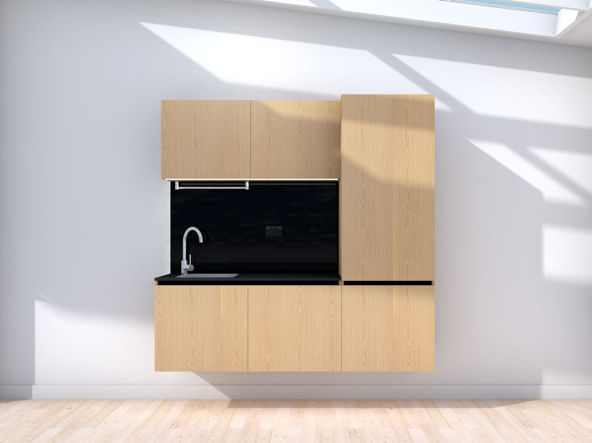 Unfloored - 1.8m Floating Prefabricated Kitchenette - oak and black - no appliances
