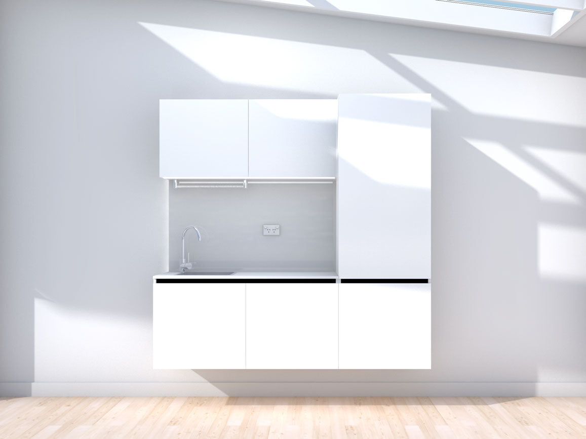 Unfloored - 1.8m Floating Prefabricated Kitchenette - white and grey - no appliances