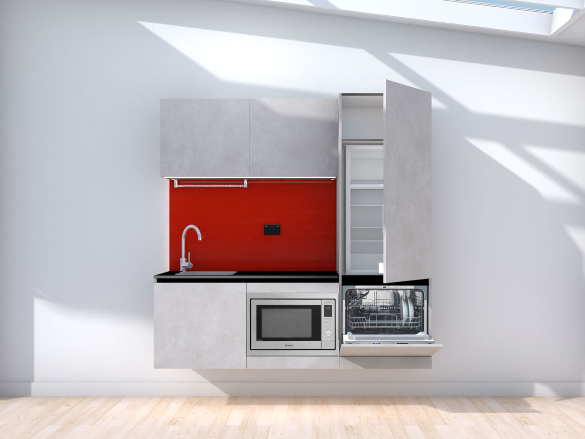 Unfloored - 1.8m Floating Prefabricated Kitchenette - grey and red - with appliances