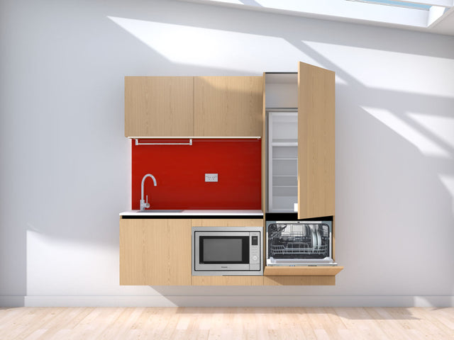 Unfloored - 1.8m Floating Prefabricated Kitchenette - oak and red -with appliances