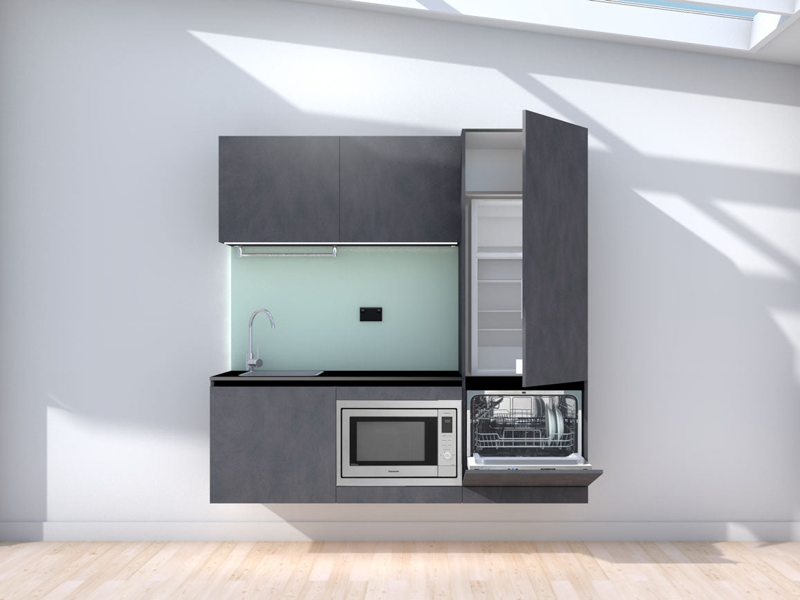 Unfloored - 1.8m Floating Prefabricated Kitchenette - slate and mint - with appliances