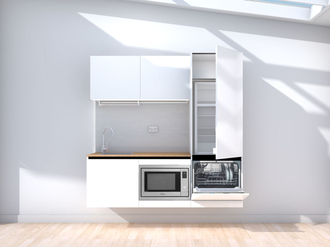 Unfloored - 1.8m Floating Prefabricated Kitchenette - white and grey - with appliances