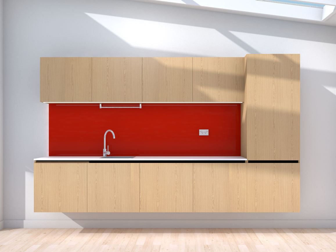Upgrade - 3.0m Floating Prefabricated Kitchenette - oak and red - no appliances