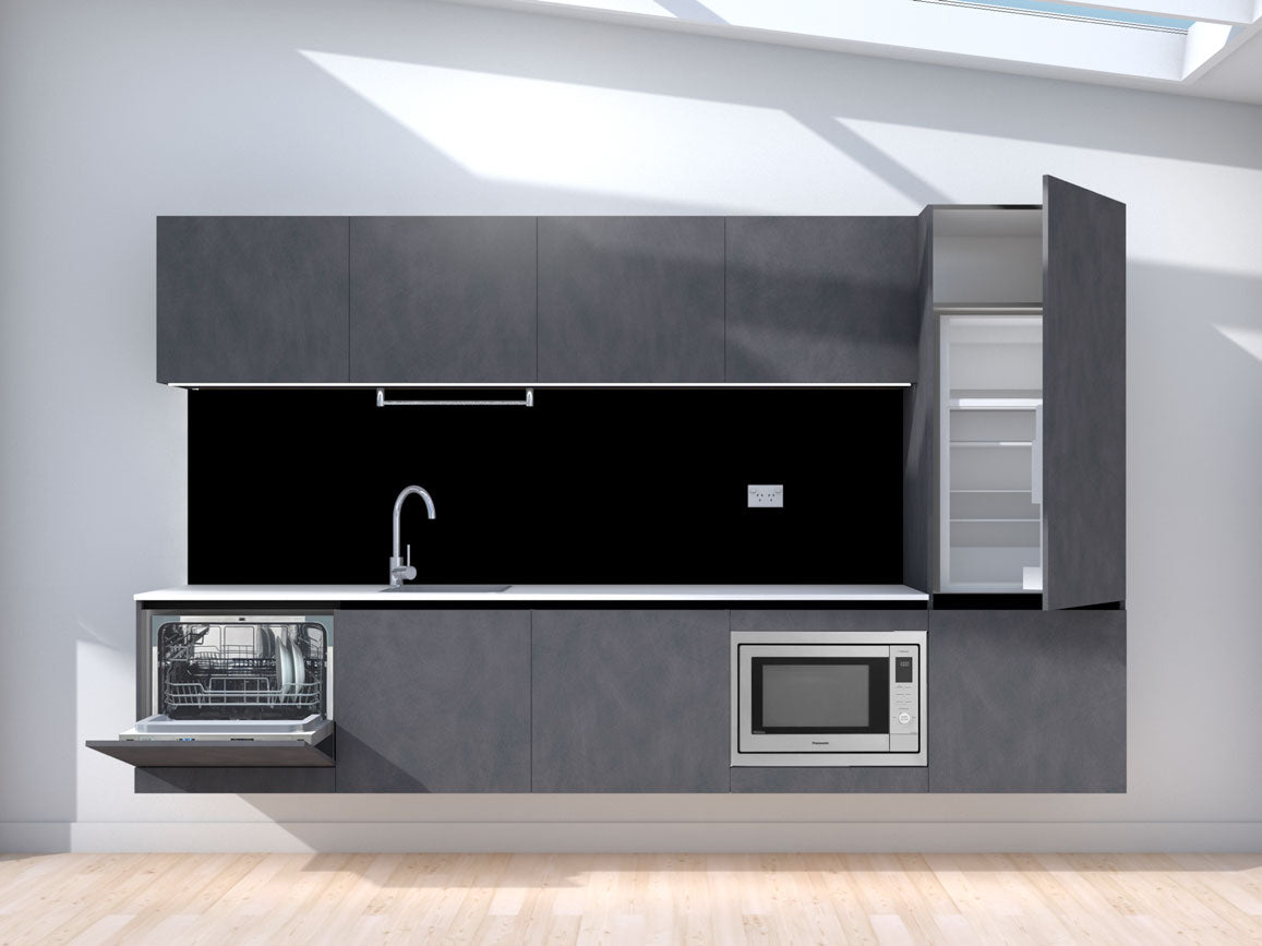 Upgrade - 3.0m Floating Prefabricated Kitchenette - slate and black - with appliances