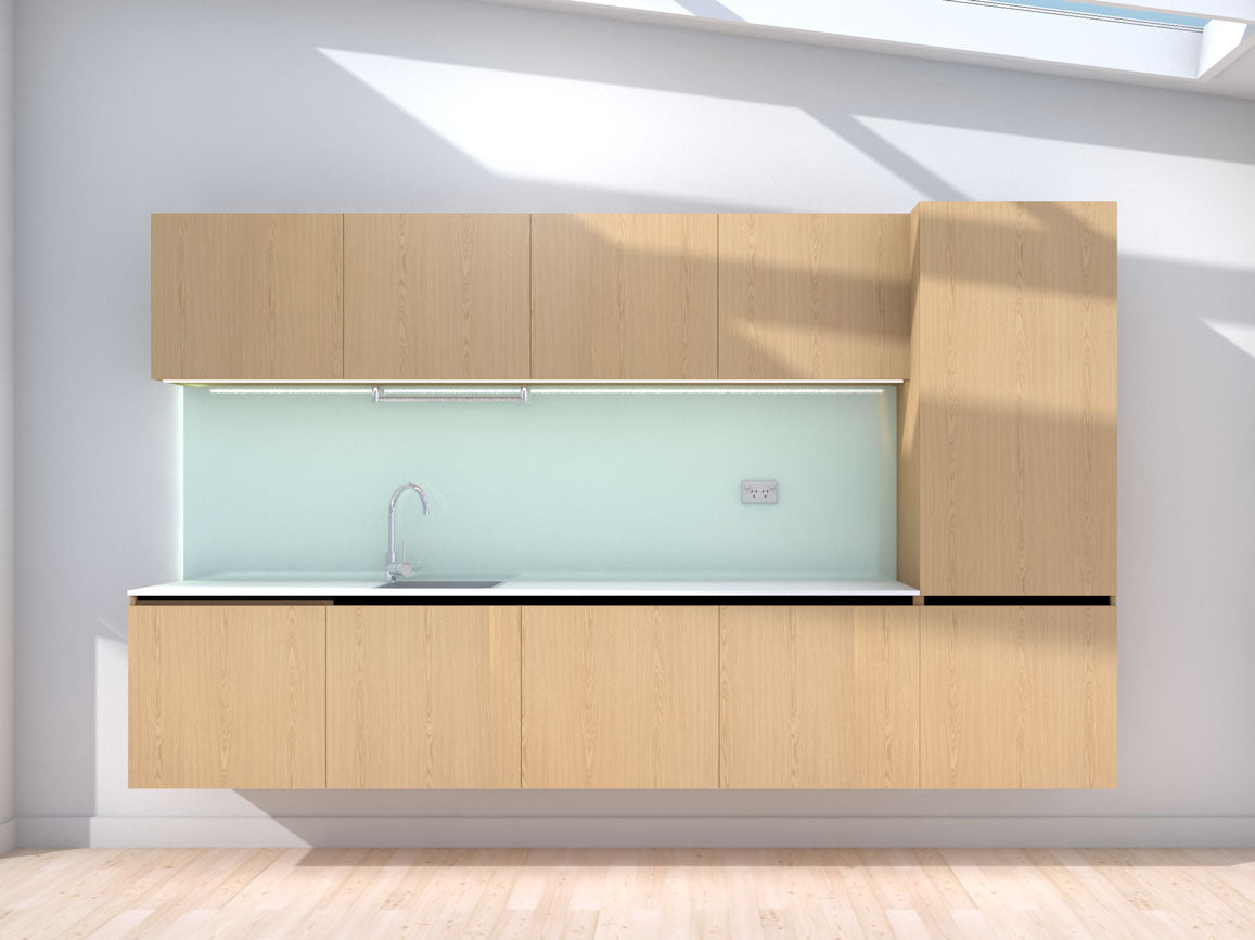 Upward - 3.0m Floating Prefabricated Kitchenette - oak and mint - no appliances