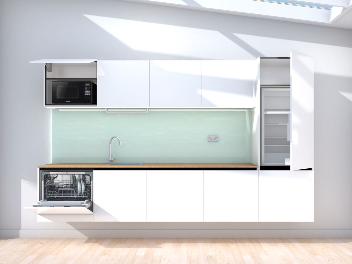 Upward - 3.0m Floating Prefabricated Kitchenette - white and mint - with appliances