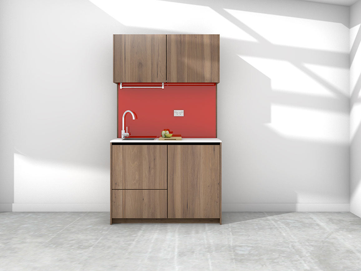 Charlie - 1.2m Compact Wall Unit Kitchenette. Displayed with 'Hickory Walnut' Cabinetry, 'Style White' Benchtop, and 'Stiletto' Splashback