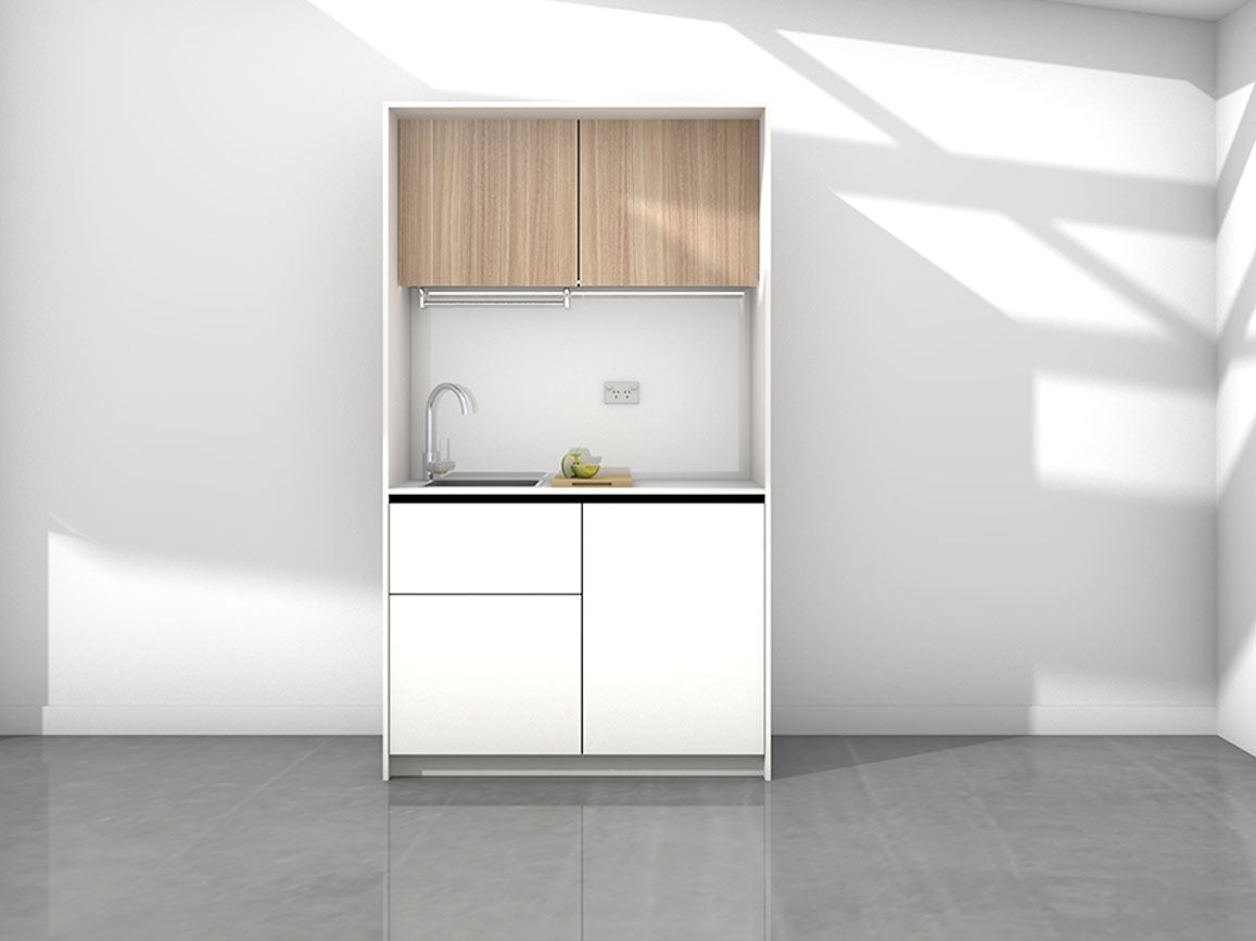 Sadie - 1.2m Compact Wall Unit Kitchenette. Displayed with 'White and Simply Eucalyptus' Cabinetry, 'Style White' Benchtop, and 'Sheer Bliss White' Splashback