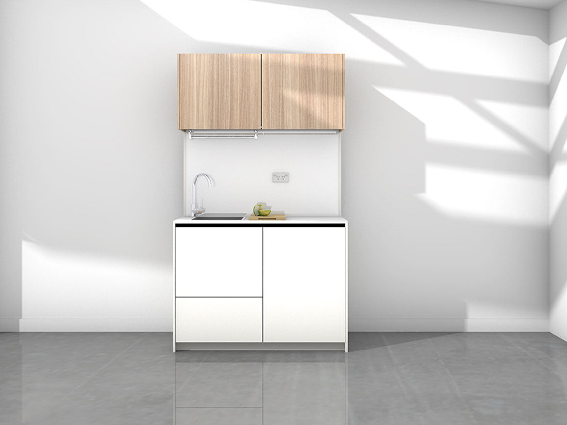 Charlie - 1.2m Compact Wall Unit Kitchenette. Displayed with 'White and Simply Eucalyptus' Cabinetry, 'Style White' Benchtop, and 'Sheer Bliss White' Splashback