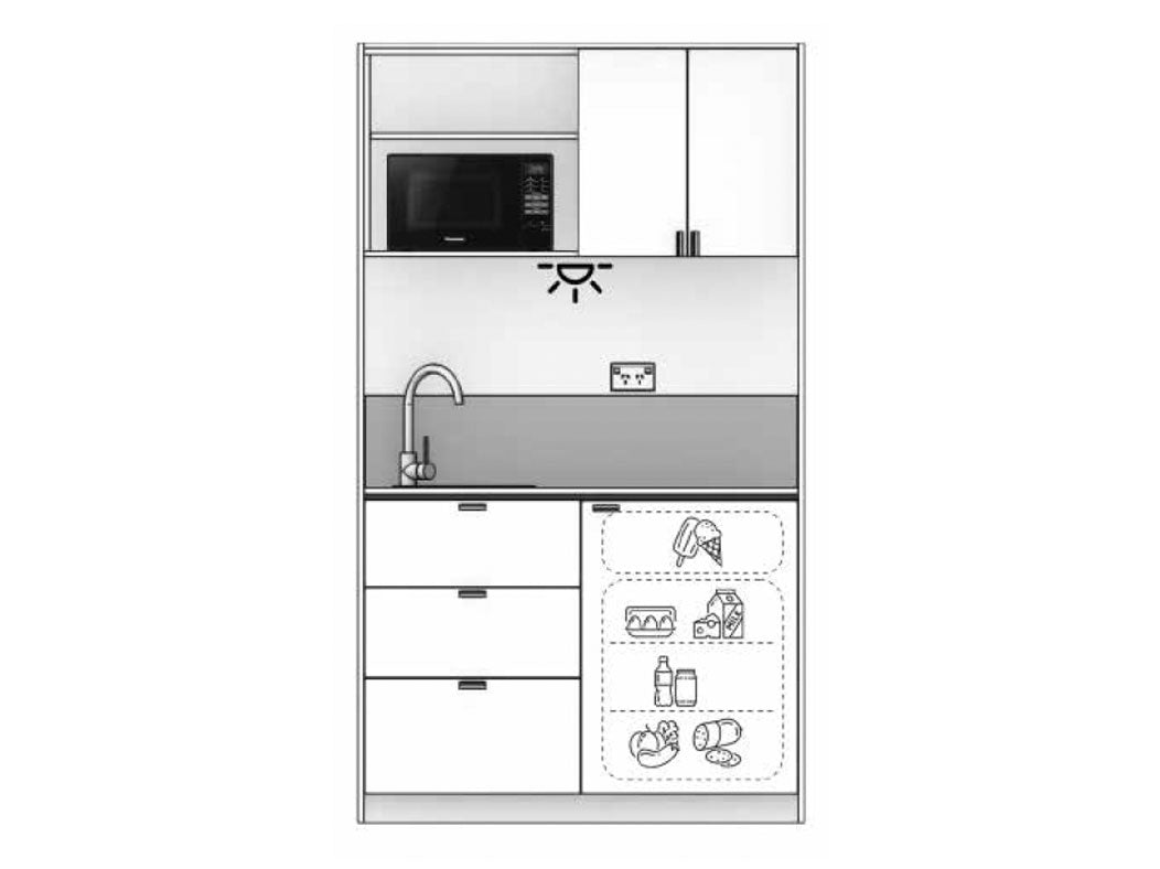 Charlie - 1.2m Compact Wall Unit Kitchenette. Diagram.